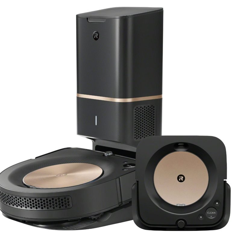 Roomba S9 Plus robot vacuum with Braava Jet M6 robot mop bundle on white background.