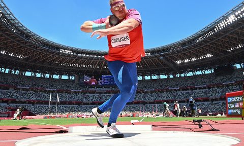 USA's Ryan Crouser competes in the men's shot put final during the Tokyo 2020 Olympic Games at the Olympic stadium in Tokyo on August 5, 2021.