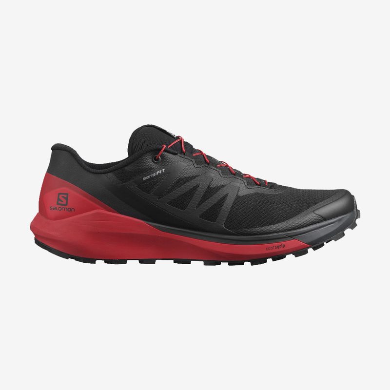 A Salomon Sense Ride 4 shoe in Black/Goji Berry/Phantom variant.
