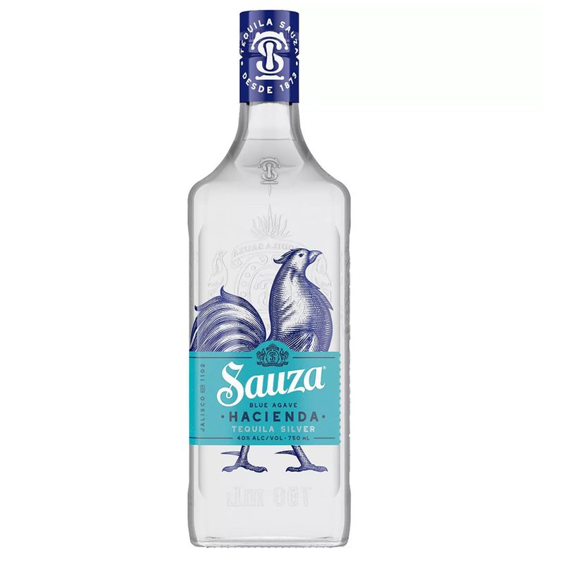 A bottle of Sauza Hacienda Blue Label Agave Silver Tequila bottle on white background.