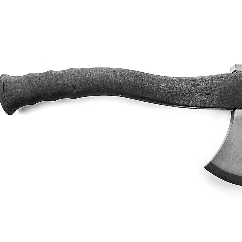 A black handled Schrade stainless steel axe on white background.