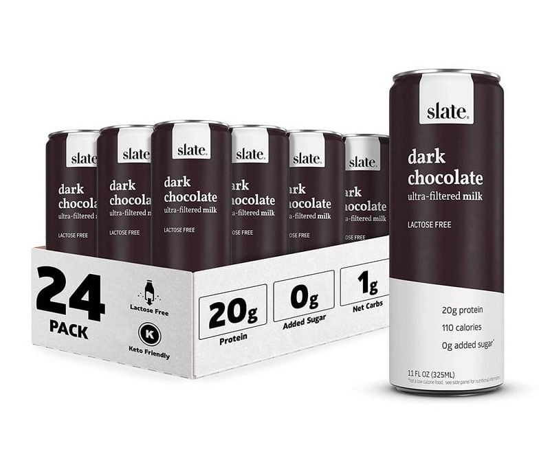 A 24-pack of Slate’s Dark Chocolate milk that has 20 grams of protein per serving and is Keto friendly.