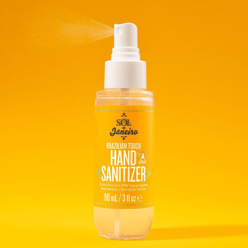 Sol de Janeiro Brazilian hand sanitizer bottle on yellow background.