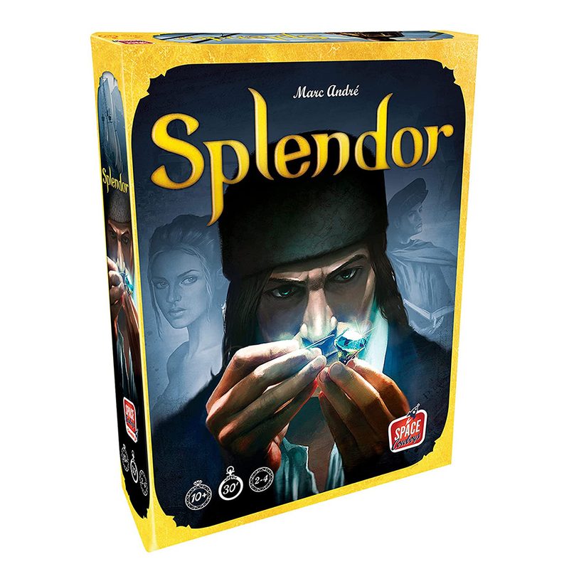 Splendor board game on white background.