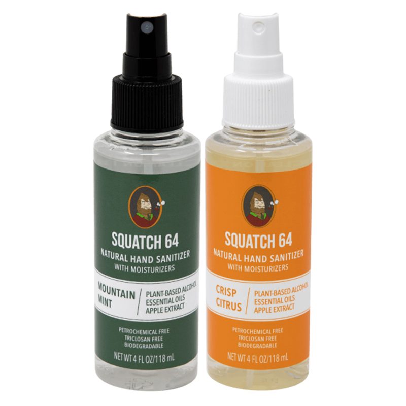 Squatch 64 Natural Hand Sanitizer bottles on white background.