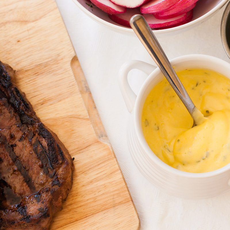 A light beige steak sauce.