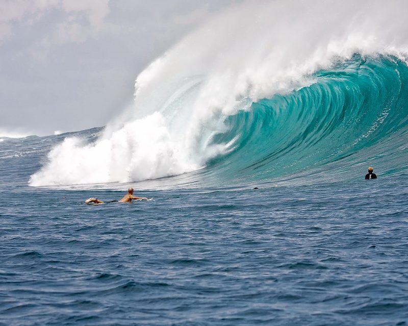 surfers laying on surfboards watching huge pipeline in Hawaii.