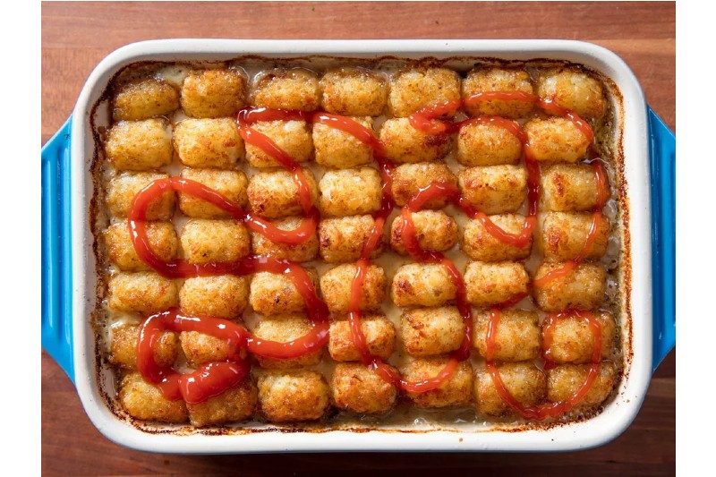 Tater tot casserole with ketchup.