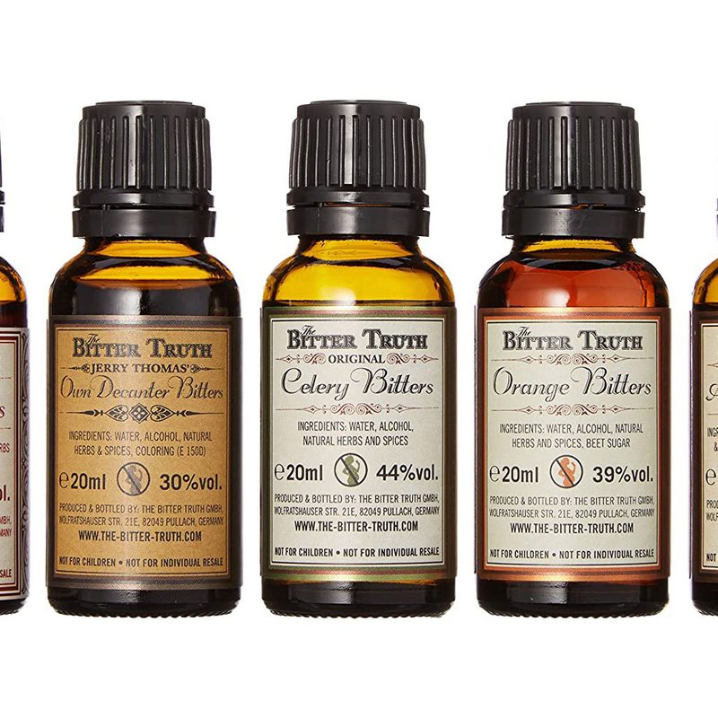 The Bitter Truth Travelers Cocktail Bitters Set is a selection of five popular cocktail bitters.