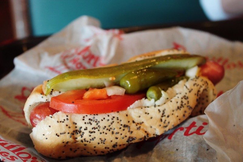 The Chicago dog with poppy seed bun