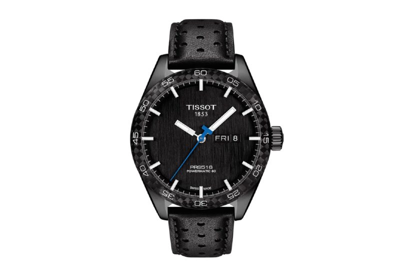 Tissot PRS 516 Powermatic Leather Watch on a white background.