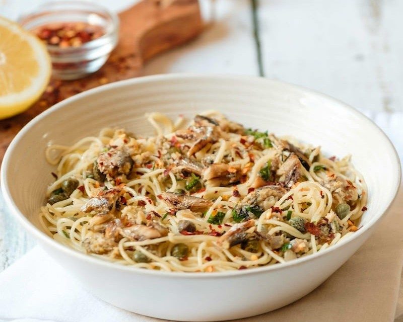 Mediterranean sardine pasta with lemon, capers, and chili flakes