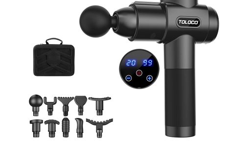 Toloco Percussion Massage Gun with heads and carrying case.