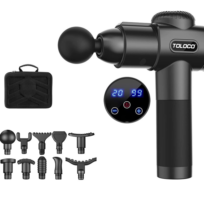 Toloco Percussion Massage Gun with heads and carrying case.