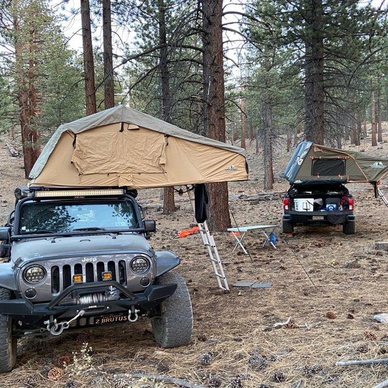 Two Tuff Stuff "Ranger" Roof Top Tents on top of 4x4 vehicles in the forest.
