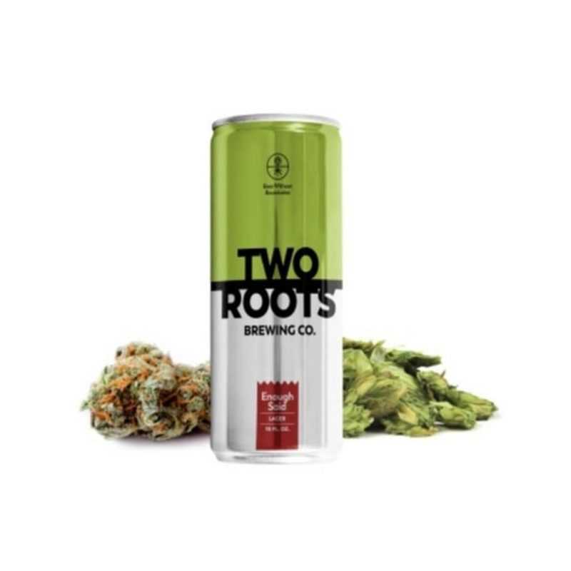Two Roots Cannabis Brewing Co. Enough Said bottle on white background.
