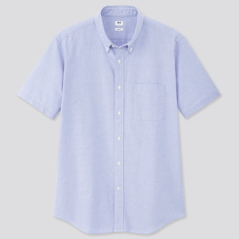 A blue Uniqlo Oxford Slim-Fit Short Sleeve Shirt.
