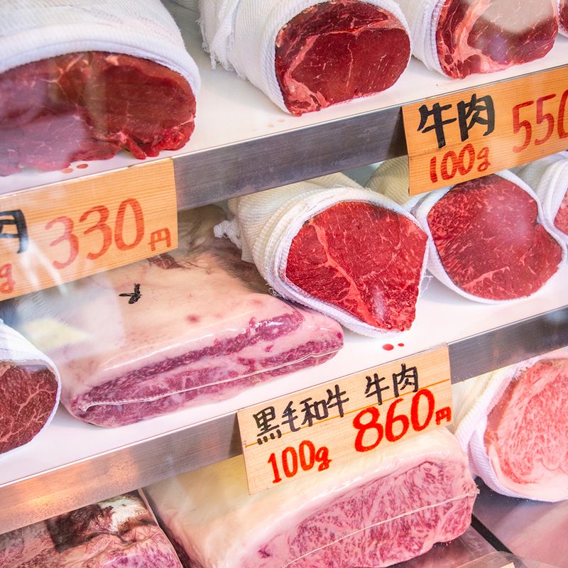 Wagyu beef for sale at Tsukiji fish market, Tokyo, Japan.