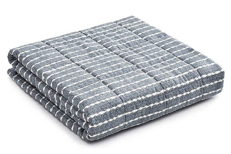 YnM Cotton Weighted Blanket in blue and white stripes.