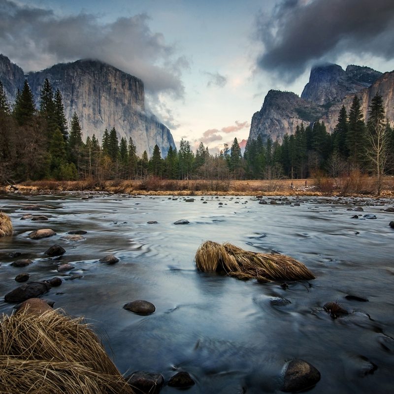 The dark flow with the scene of ValleyView at Yosemite National Park in Sierra Nevada.