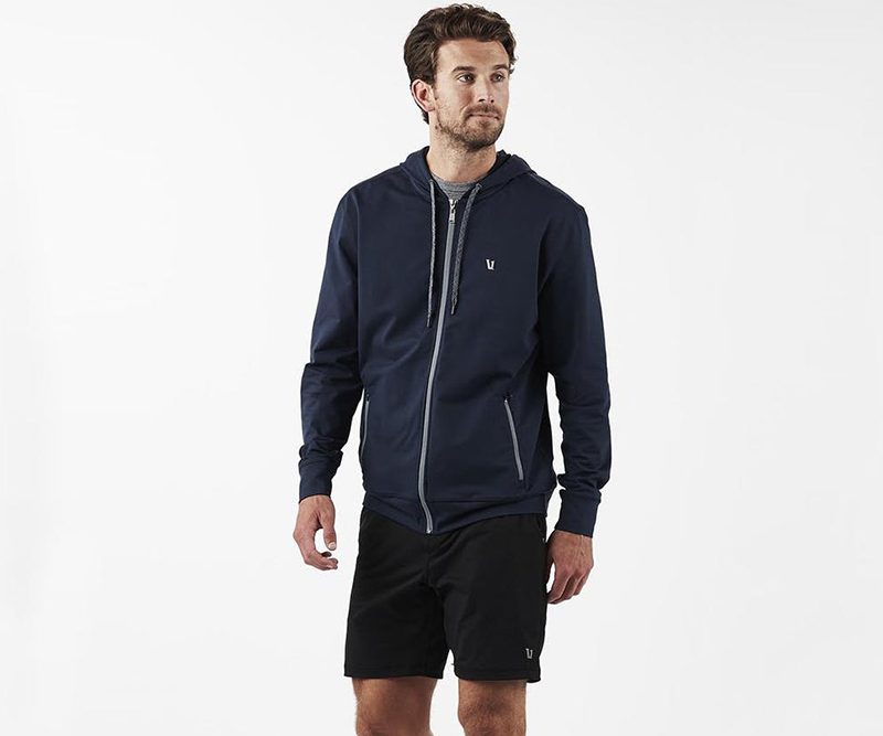 Man wearing sweat shorts.