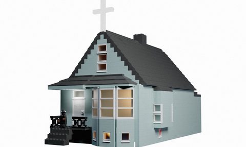 Canadian graphic artist Patrikas Samulevicius' Donda LEGO house, complete with 'Ye on the porch steps.