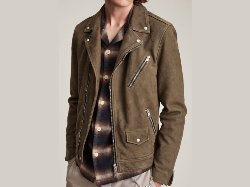 AllSaints Niles Leather Biker Jacket over a flannel shirt.
