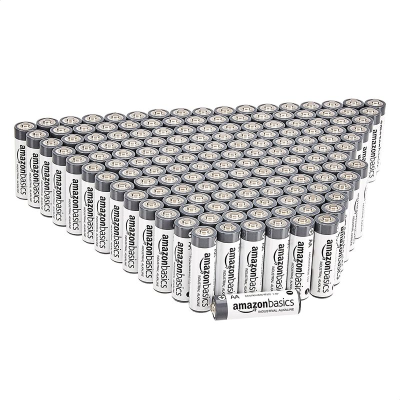 Amazon Basics AA alkaline batteries 100 pack arranged in triangle shape on a white background.