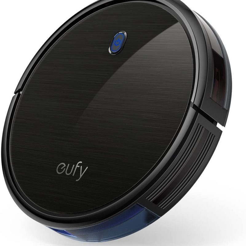 Eufy BoostIQ Robot Vacuum cleaner black on a white background.