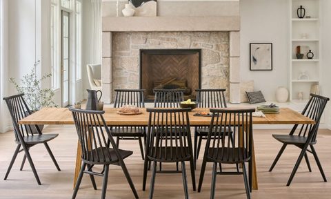 Article furniture's "Madera" dining table surrounded by Dabo dining chairs.