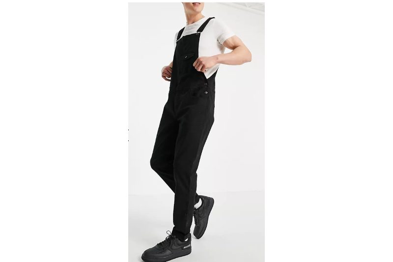 Black denim overalls for men.