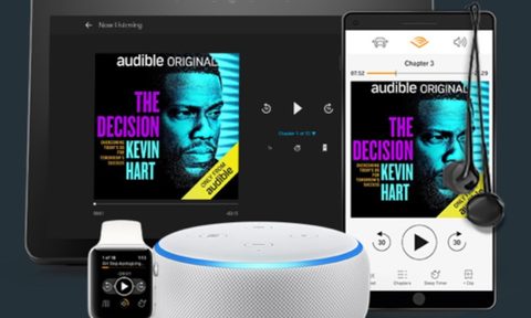 Audible home screen shown on tablet, phone, smartwatch, with Alexa in the foreground, on a black background.