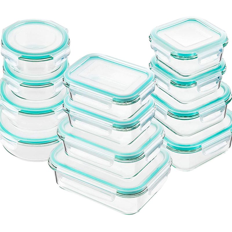 Blue Bayco Glass Food Storage Containers stacked neatly.