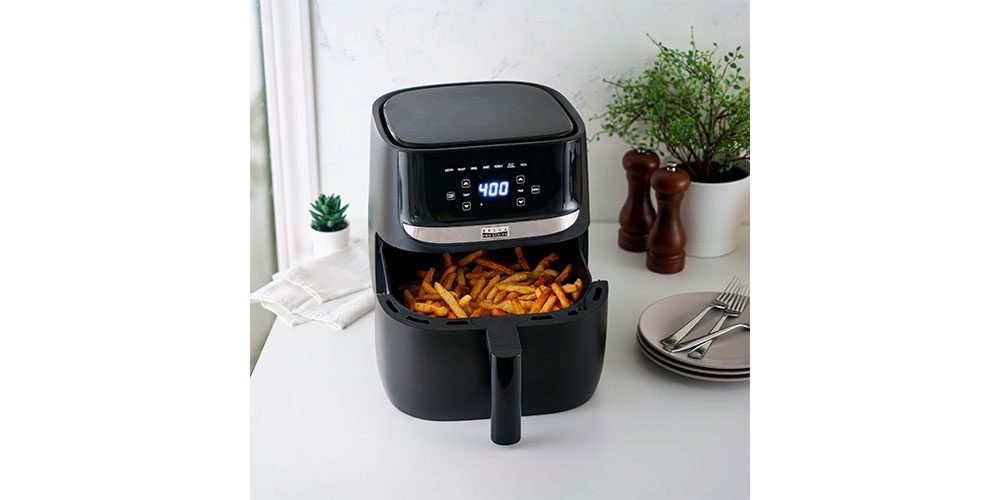 Bella Pro Series 6-quart Touchscreen Air Fryer on a kitchen countertop.