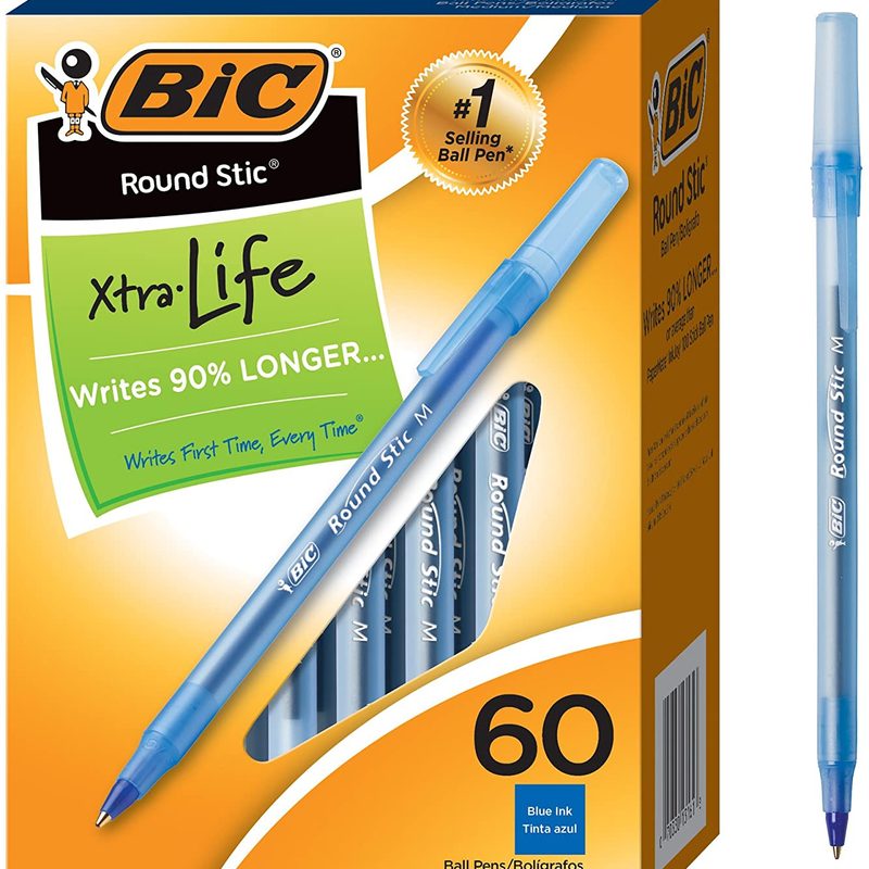 Bic round stix ball point pens 60 count in box on white background.