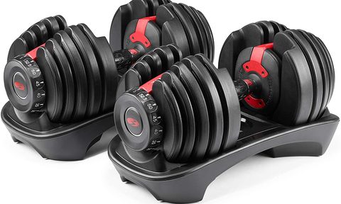Bowflex SelectTech adjustable dumbbells sitting in their stand case on a white background.