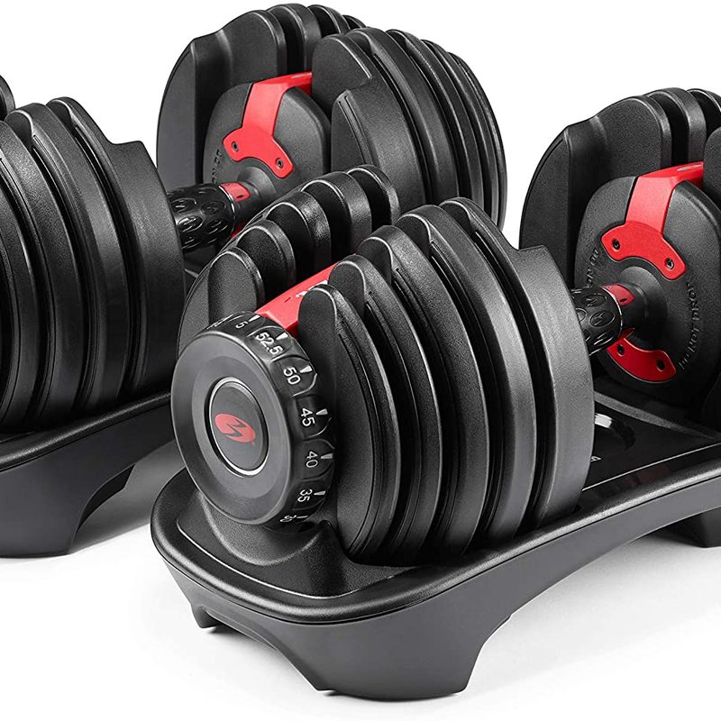 Bowflex SelectTech adjustable dumbbells sitting in their stand case on a white background.