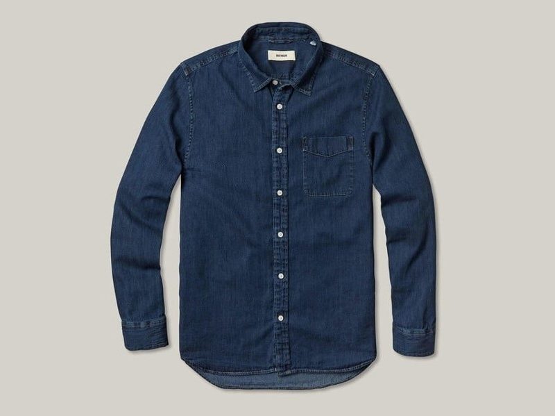 Buck Mason Denim Vintage One-Pocket Shirt on a plain background.