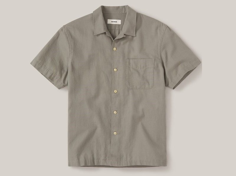Buck Mason Palm Cotton Camp Shirt on a plain background.