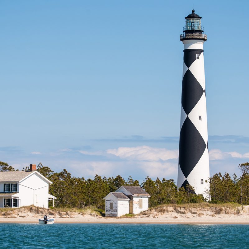 Houses and lighthouse at Cape Lookout National Seashore.