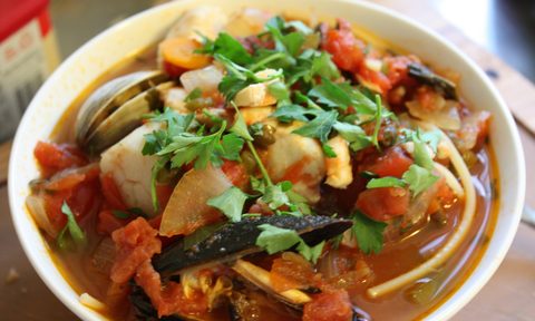 Cioppino in a bowl.