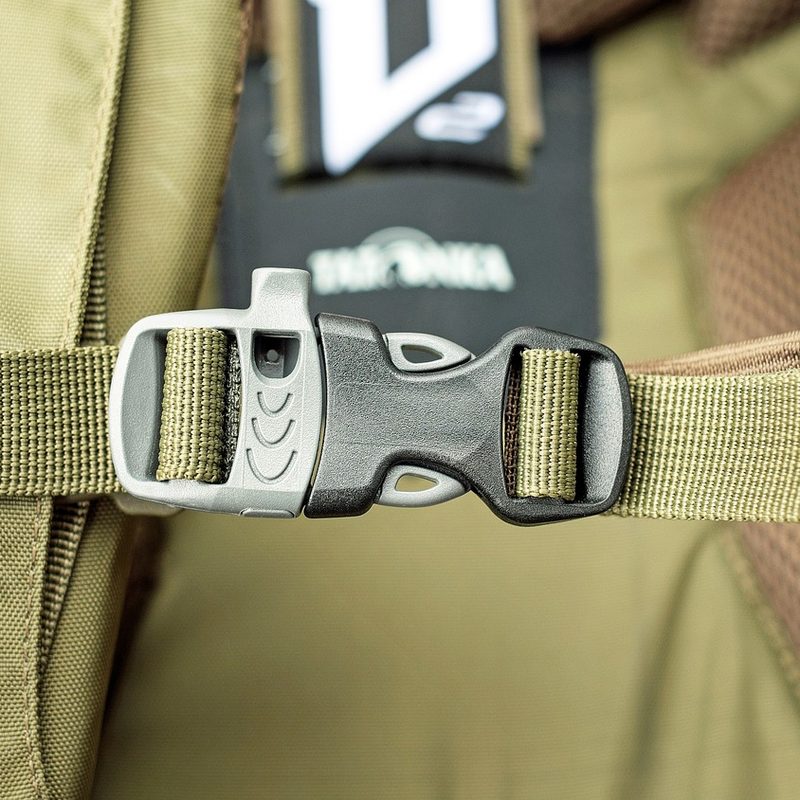 Closeup of backpack snap closure and mesh padding along the back.