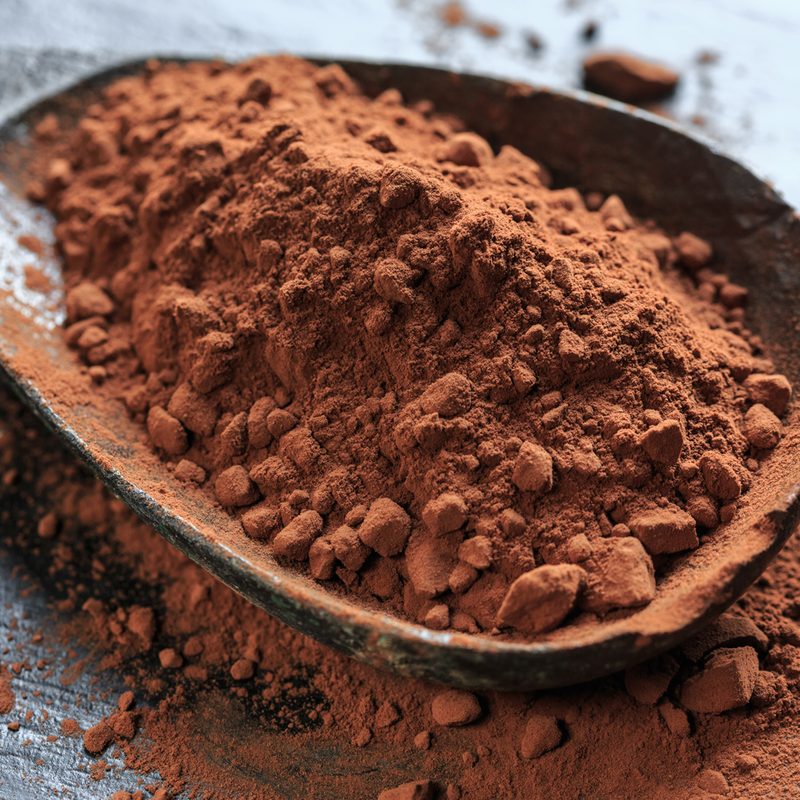 A close-up of cocoa powder on spoon.