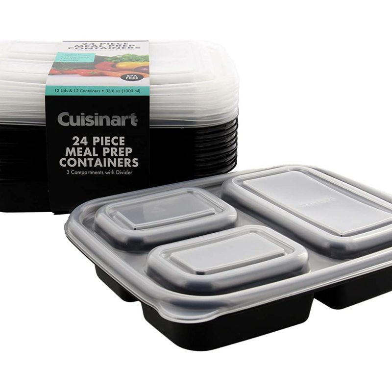 A stack of Cuisinart 3-Compartment Meal Prep Containers beside a lone Cuisinart Meal Prep Container.