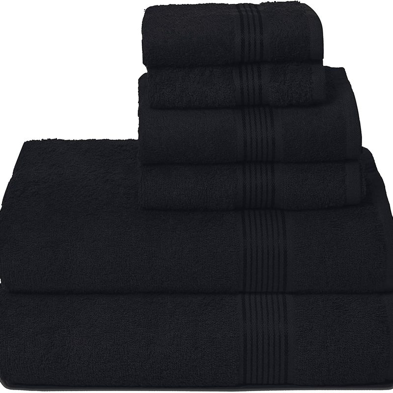 DElevana home ultra soft 6 pack cotton towel set in black on a white background.