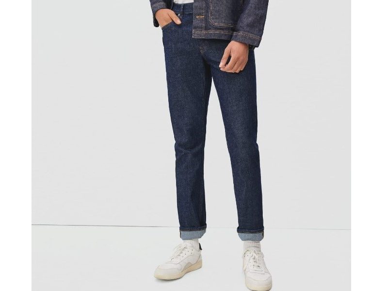 Everlane Slim 4-Way Stretch Organic Jeans worn by a model.