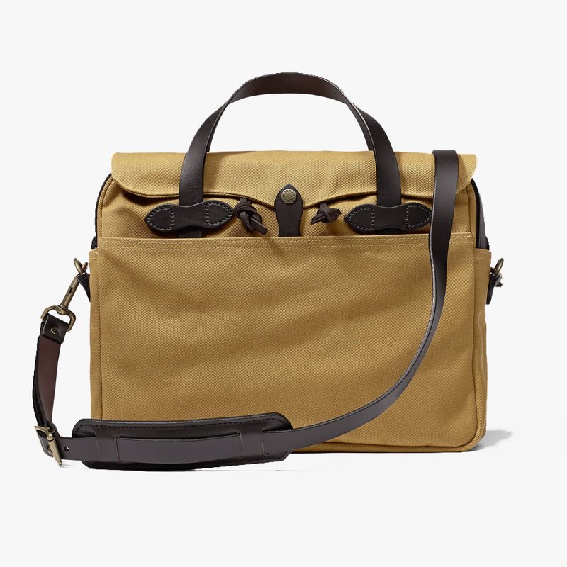 A tan Filson Rugged Twill Original Briefcase.