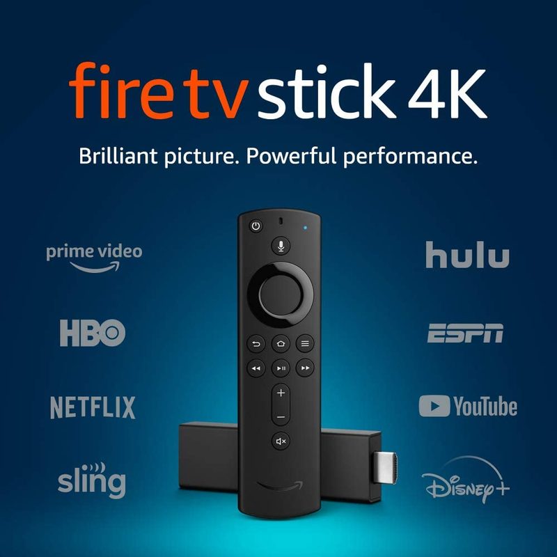 Fire stick 4k amazon streaming device pictured in black on blue background with streaming services listed on either side.
