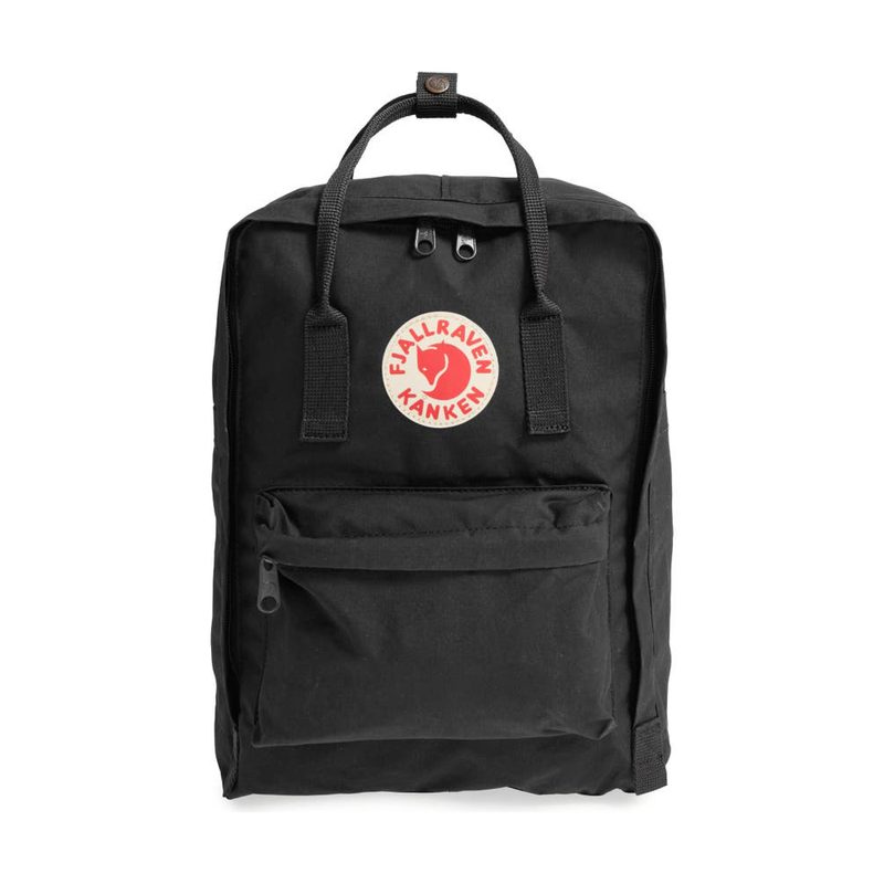 A black Fjallraven Kanken 15-Inch Laptop Backpack with a logo of the brand.