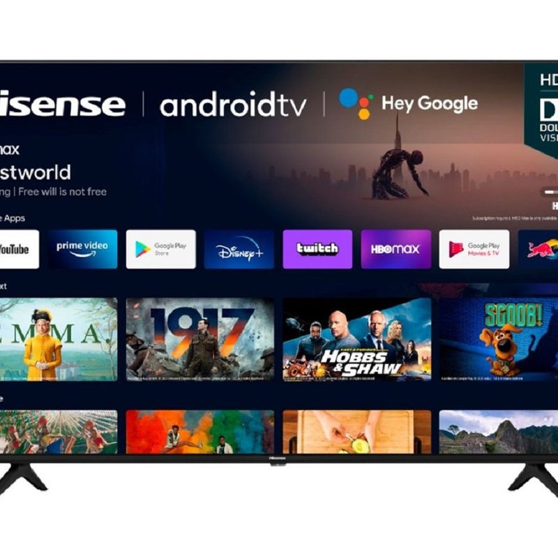 A 70-inch Hisense 4K TV with the Android TV interface on the screen.